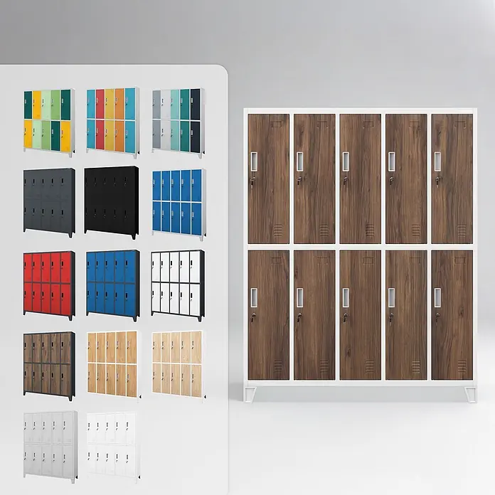 Jan Nowak Kleiderschrank BARTEK, 10-türig, 172 x 136 x 45 cm, weiß/Nussbaum -  - Eine große Schließfachanlage mit Holztüren und weißem Rahmen. Ein Raster zeigt diverse Metall- und Holzschließfächer in verschiedenen Farben.