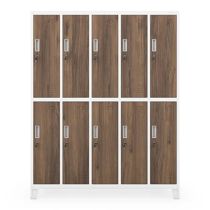 Jan Nowak Kleiderschrank BARTEK, 10-türig, 172 x 136 x 45 cm, weiß/Nussbaum -  - Weißer Metallspind mit 10 Einzeltüren in Holzoptik, jeweils mit rechteckigem Griff, Schlüssel und Lüftungsschlitzen.