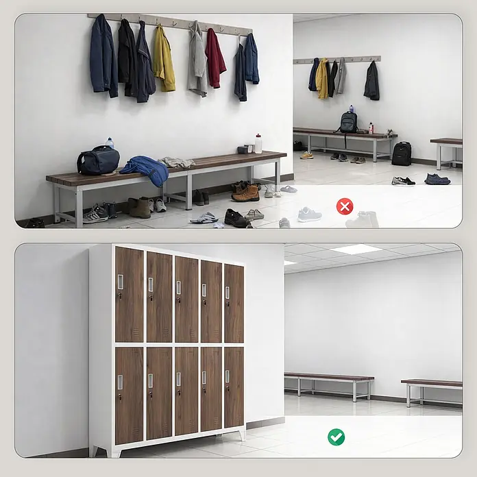Jan Nowak Kleiderschrank BARTEK, 10-türig, 172 x 136 x 45 cm, weiß/Nussbaum -  - Organisierte Umkleidekabine mit weiß umrahmten Holzspinden und sauberen Bänken.