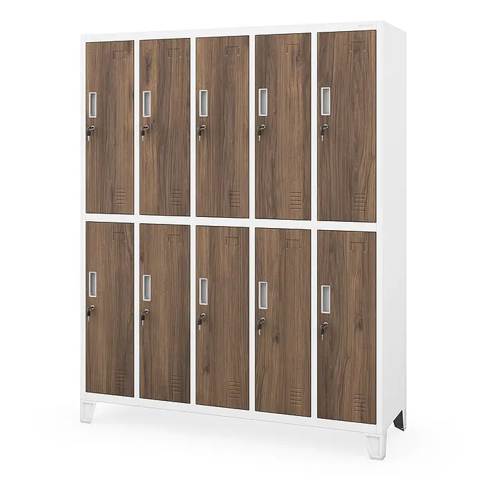 Jan Nowak Kleiderschrank BARTEK, 10-türig, 172 x 136 x 45 cm, weiß/Nussbaum -  - Zehnfach-Spind mit weißem Rahmen und Türen in Holzoptik, jeweils mit Griff und Schloss.