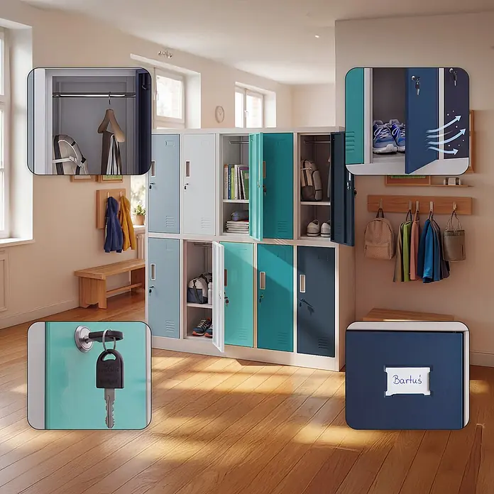 Jan Nowak Schulschrank BARTUS, 150x136x45 cm, Grau/Blau/Dunkelblau -  - Modulare Metallschränke in verschiedenen Blau- und Weißtönen, zur Aufbewahrung von Kleidung, Schuhen und Büchern in einem hellen Eingangsbereich.