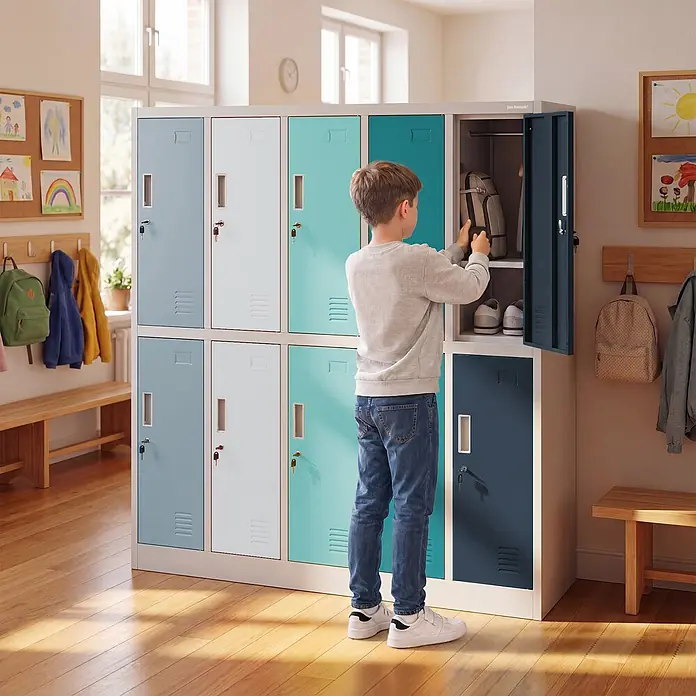 Jan Nowak Schulschrank BARTUS, 150x136x45 cm, Grau/Blau/Dunkelblau -  - Mehrfarbiger Metallspind mit einem Kind, das einen Rucksack und Schuhe verstaut. Ideal für Kinderzimmer oder Schulflure.