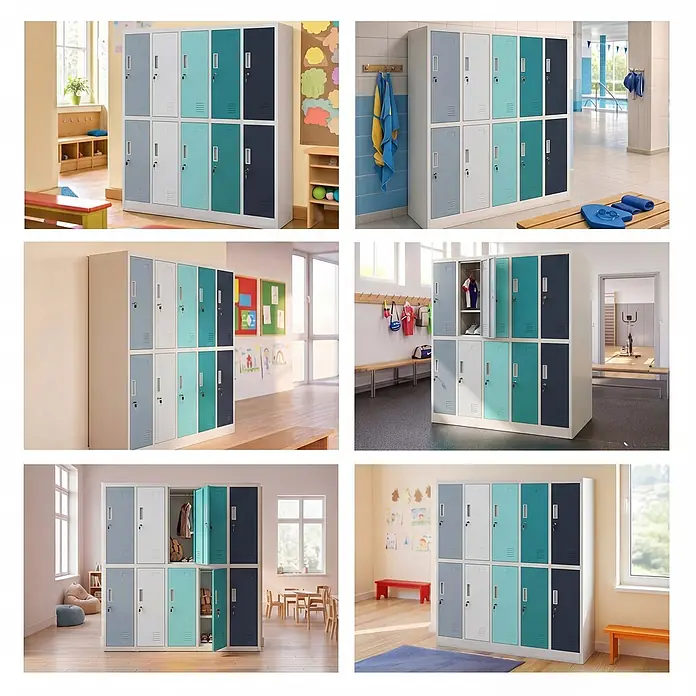 Jan Nowak Schulschrank BARTUS, 150x136x45 cm, Grau/Blau/Dunkelblau -  - Farbige Metallspinde in Schul-, Turnhallen- und Umkleideumgebungen; einige sind offen und zeigen den Inhalt.