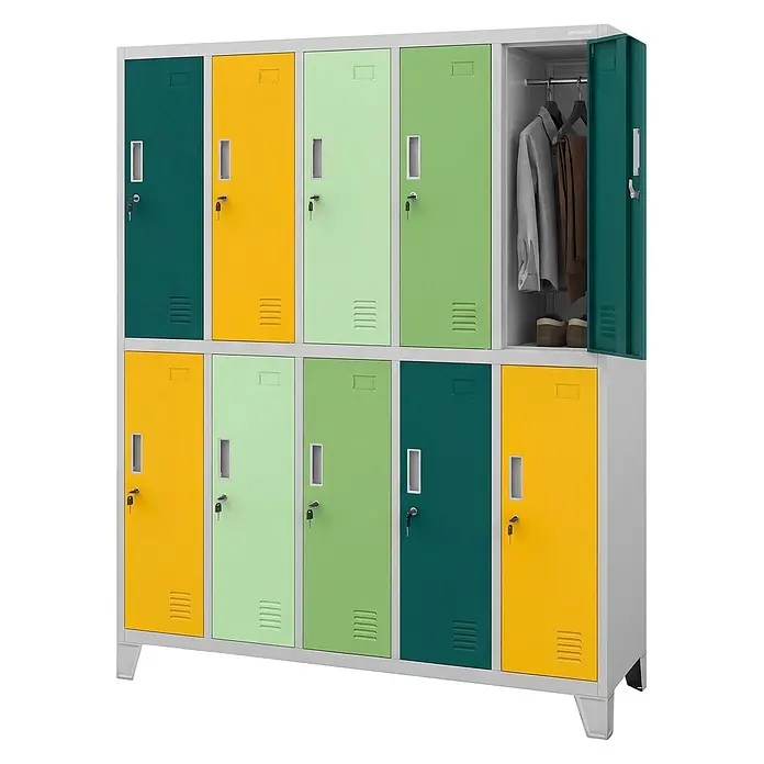 Jan Nowak Kleiderschrank BARTEK, 10-türig, 172 x 136 x 45 cm, Bunt-Grau -  - Metallspindschrank mit 10 bunten Fächern in Grün, Gelb und Hellgrün. Eine Tür ist offen und zeigt Kleidung und Schuhe.