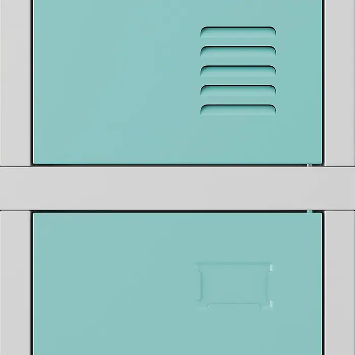 Jan Nowak Schulschrank BARTUS, 150x136x45 cm, Grau/Blau/Dunkelblau -  - Zwei türkisfarbene Spindtüren mit Lüftungsschlitzen und eingelassenem Griff in einem hellgrauen Rahmen.