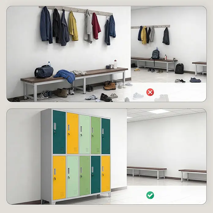 Jan Nowak Kleiderschrank BARTEK, 10-türig, 172 x 136 x 45 cm, Bunt-Grau -  - Bunte Metallspinde organisieren einen Umkleideraum, im Gegensatz zu einem unordentlichen Bereich mit verstreuter Kleidung und Schuhen.