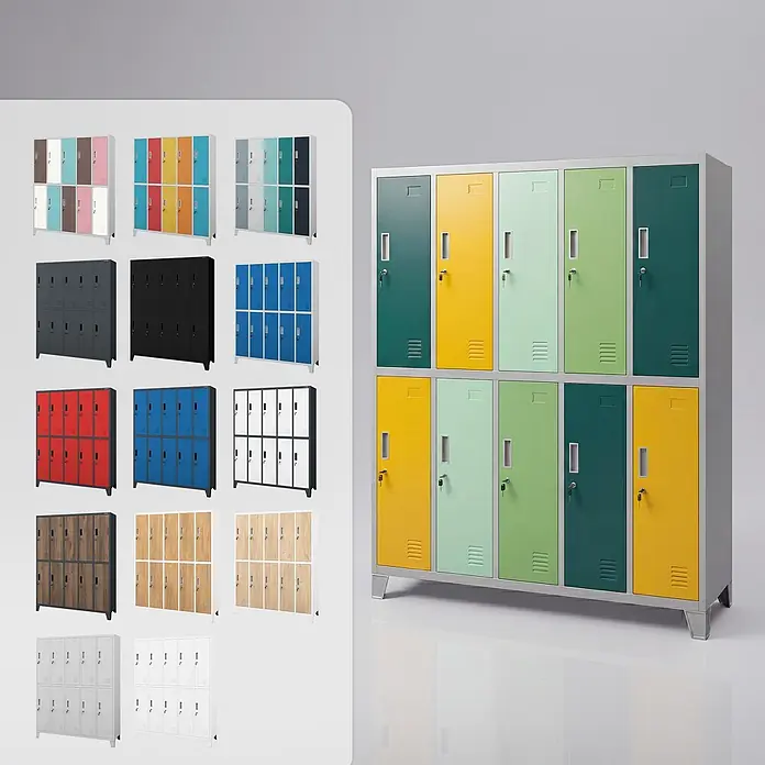 Jan Nowak Kleiderschrank BARTEK, 10-türig, 172 x 136 x 45 cm, Bunt-Grau -  - Bunte Metallschließfächer mit mehreren Fächern, teils mit Schlüsseln und Lüftungsschlitzen, zeigen verschiedene Farb- und Materialoptionen.