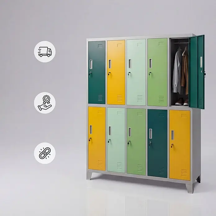 Jan Nowak Kleiderschrank BARTEK, 10-türig, 172 x 136 x 45 cm, Bunt-Grau -  - Bunte Metallspinde mit mehreren Türen, eine offen zeigt Kleidung und Schuhe.