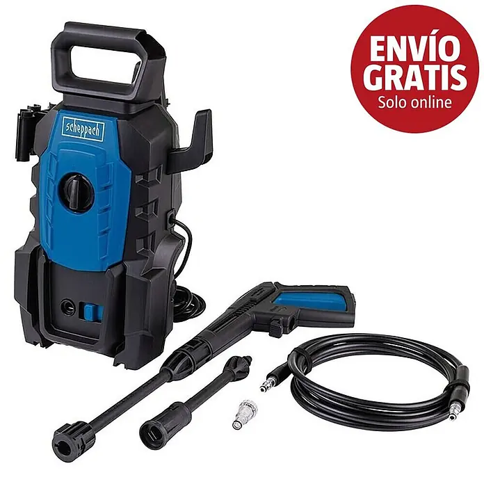 Scheppach Hidrolimpiadora de alta presión HPC1400 - 110 bar, 1.400 W, Capacidad de bombeo: 390 l/h - Hidrolimpiadora Scheppach azul y negra, con pistola pulverizadora, dos lanzas y manguera de alta presión enrollada.