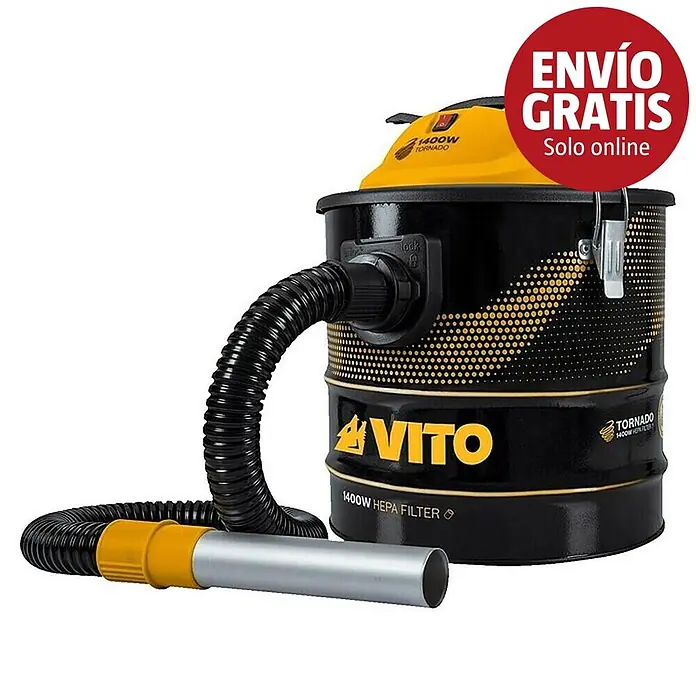 Vito Aspirador de cenizas eléctrico VIASC18T - 1.400 W, Volumen de recipiente: 18 l, Sin bolsa - Aspirador industrial cilíndrico negro y amarillo (1400W) con manguera y boquilla metálica.