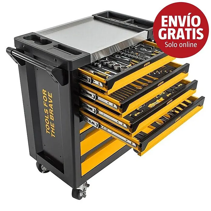Vito Carro portaherramientas VITCF7G - 221 pzs., Número de cajones: 7 ud., Ruedas - Carro de herramientas móvil negro y amarillo con múltiples cajones abiertos que revelan varias herramientas. Con asa y ruedas para transporte y almacenaje.