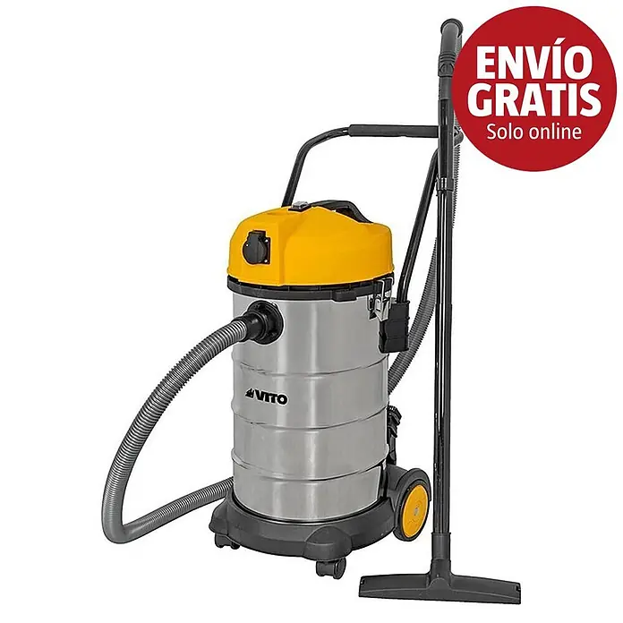 Vito Aspirador en seco y húmedo eléctrico VIASL40 - 1.200 W, Volumen de recipiente: 40 l - Aspirador de líquidos y sólidos amarillo y plateado con manguera y ruedas.