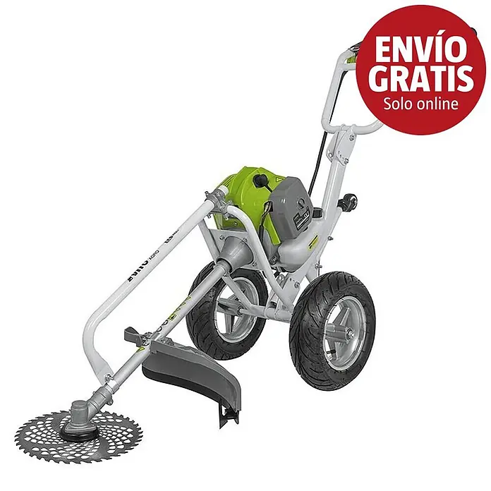 Vito Desbrozadora de gasolina con ruedas EKO - 1,6 kW, 52 cm³, Ancho de corte cuchilla: 25,5 cm - Una desbrozadora de ruedas verde y gris con estructura blanca y un gran disco de corte metálico.