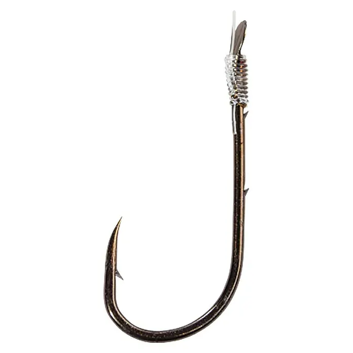 Westline Aalhaken - Größe: 2, Durchmesser: 0,35 mm, Gebunden, Brüniert, Länge: 0,6 m, 10 Stk. - Nahaufnahme eines Angelhakens mit Widerhaken und Spirale, ideal für Angler, die Wert auf Qualität legen.\n