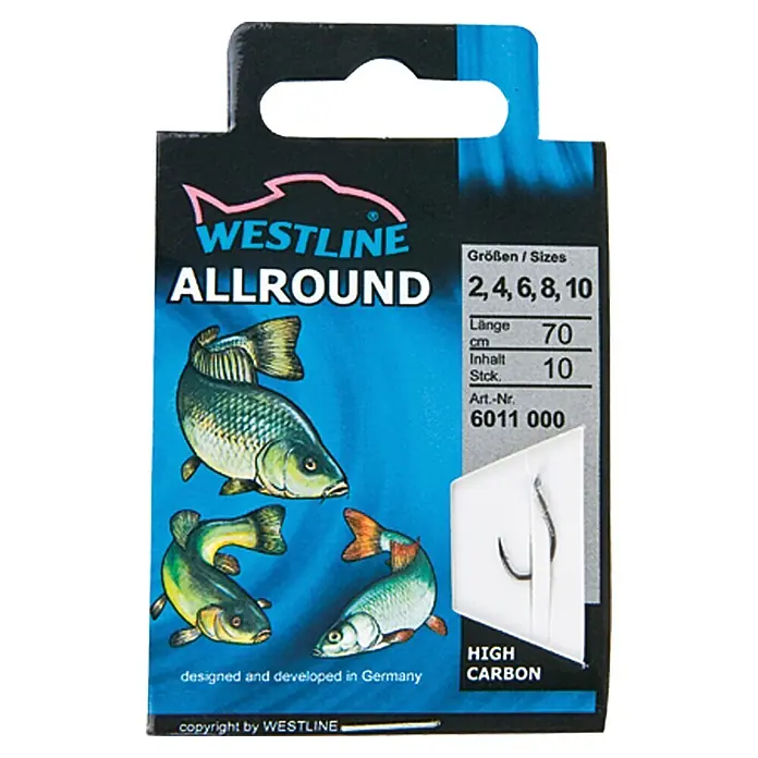 Westline Zielfischhaken Allround - 10 Stk., Zielfisch: Allround - Westline Allround Angelhaken-Packung mit Größen 2, 4, 6, 8, 10, Länge 70 cm, Inhalt 10 Stück, Artikelnummer 6011 000.