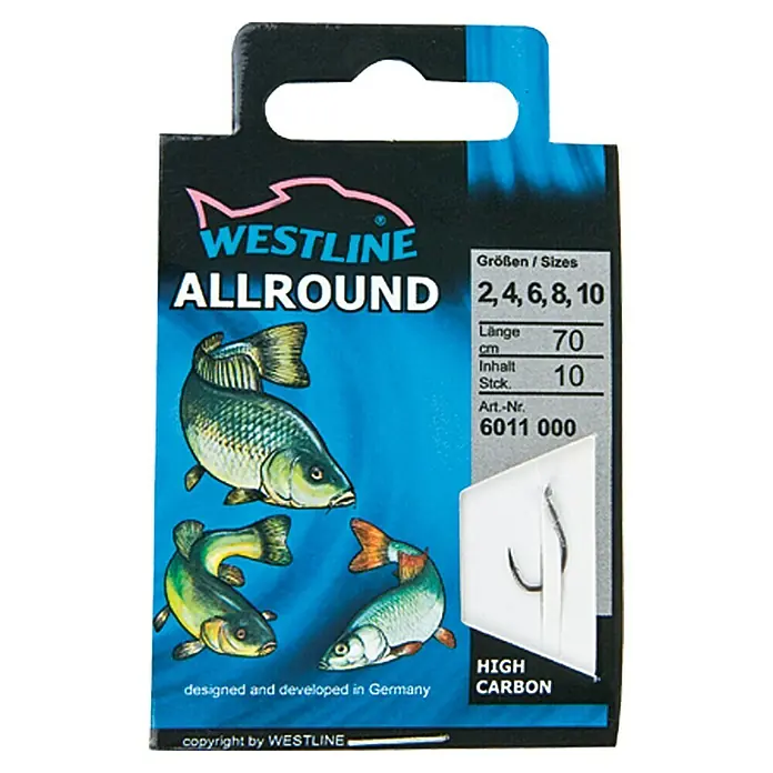 Westline Zielfischhaken Allround - 10 Stk., Zielfisch: Allround - Westline Allround Angelhaken-Packung mit Größen 2, 4, 6, 8, 10, Länge 70 cm, Inhalt 10 Stück, Artikelnummer 6011 000.