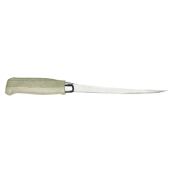 Westline Filetiermesser - Klingenlänge: 18,5 cm, Material Klinge: Stahl - Das Bild zeigt ein Filetiermesser mit einer langen, dünnen Klinge und einem hellen Holzgriff, ideal zum Entbeinen von Fisch.