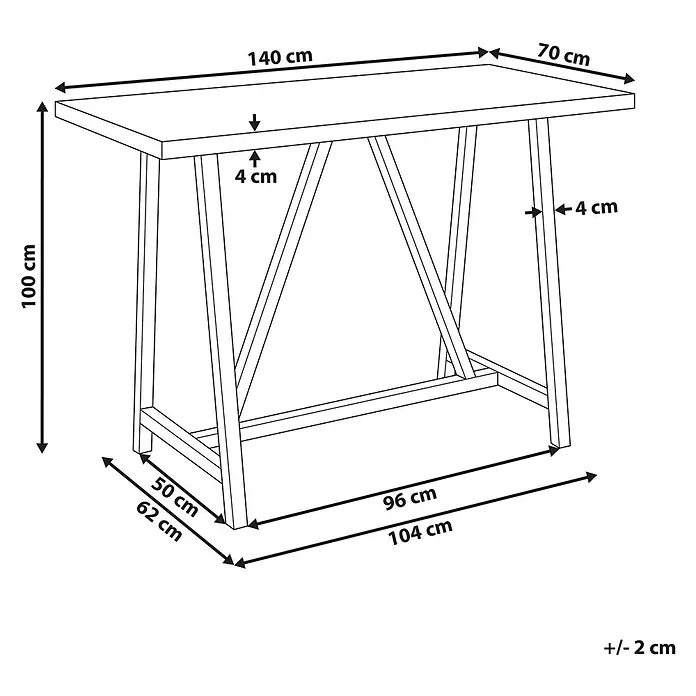 Esstisch TALAMONE in Braun/Grau - (W) 70 x (H) 100 x - L - Technische Zeichnung eines hohen, rechteckigen Konsolen- oder Bartisches mit A-förmigen Beinen, alle Hauptmaße sind angegeben.