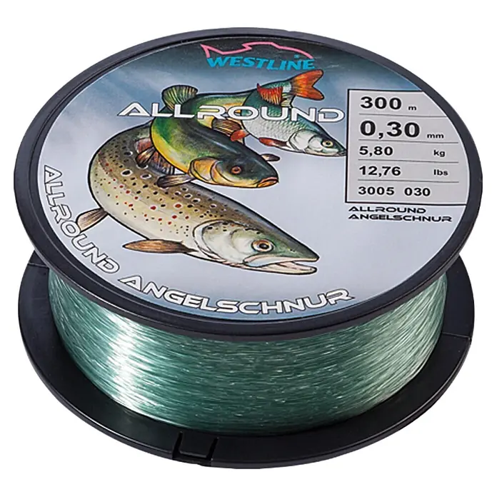 Westline Angelschnur - 0,3 mm, 5,8 kg, 300 m - Grüne Angelschnurspule, beschriftet mit 'WESTLINE ALLROUND', mit Fischabbildungen und Spezifikationen.