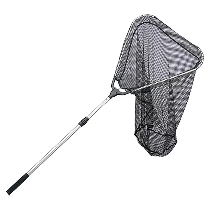 Westline Unterfangkescher - Länge: 2,5 m, Tiefe Netz: 60 cm, Maschenweite: 8 mm - Das Bild zeigt einen Kescher mit Teleskopstiel, der zum Angeln verwendet wird. Er hat ein schwarzes Netz und einen silberfarbenen Griff.