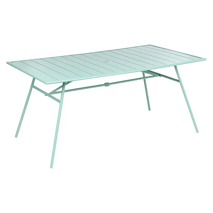 Esstisch TERENZO in Grün - (W) 90 x (H) 74 x - L - Rechteckiger hellblau-grüner Latten-Metall-Gartentisch.