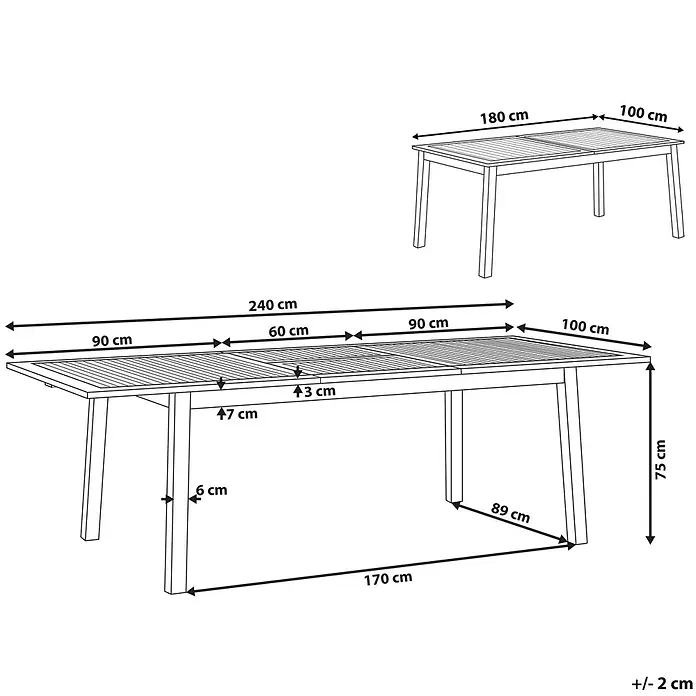 Esstisch CESANA in Braun - (W) 100 x (H) 75 x - L - Ausziehbarer Gartentisch aus Holz mit Lattenplatte. Gezeigt in Längen von 180 cm und 240 cm, Breite 100 cm, Höhe 75 cm.