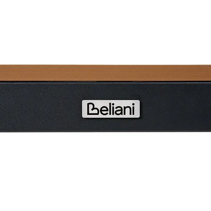 Esstisch TIANO in Braun/Schwarz - (W) 90 x (H) 73 x - L - Nahaufnahme einer dunkelgrauen Oberfläche mit brauner Kante und silbernem 'Beliani'-Logo.