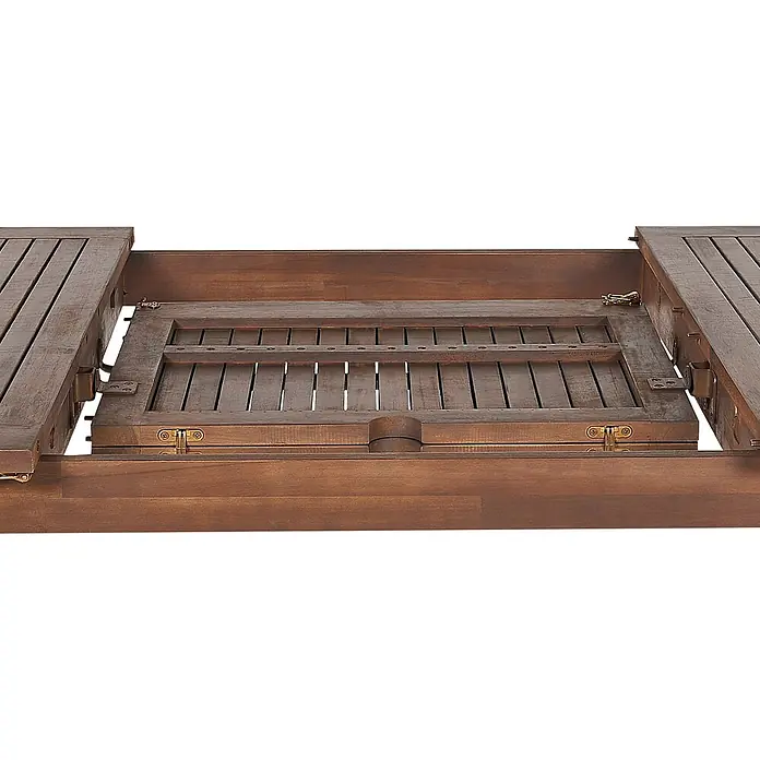 Esstisch CESANA in Braun - (W) 100 x (H) 75 x - L - Dunkelbrauner ausziehbarer Esstisch aus Holz, der seinen zentralen Klappmechanismus teilweise geöffnet zeigt.