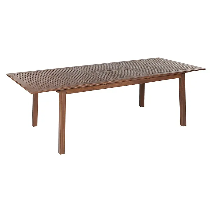 Esstisch CESANA in Braun - (W) 100 x (H) 75 x - L - Ausziehbarer rechteckiger dunkelbrauner Holztisch für den Außenbereich mit Lattenplatte und Sonnenschirmloch.