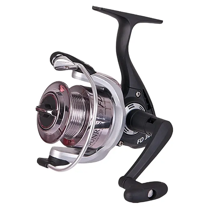 Westline Angelrolle Sunrise FD -  - Nahaufnahme einer Angelrolle FD 30, ideal für Angler. Die Spule ist aus Metall mit schwarzem Griff.
