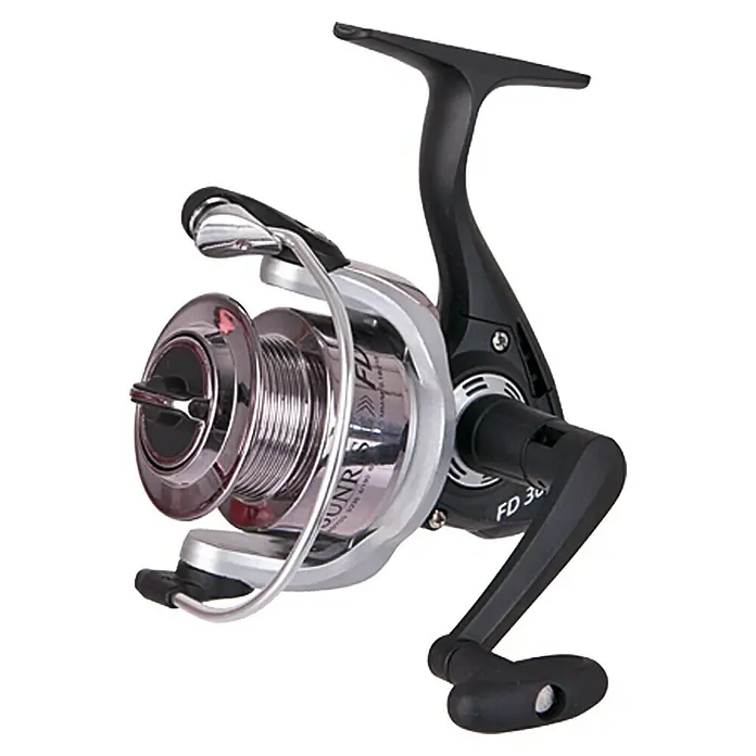 Westline Angelrolle Sunrise FD - Größe: 40, Schnurkapazität: 135 m/0,4 mm - Nahaufnahme einer Angelrolle FD 30, ideal für Angler. Die Spule ist aus Metall mit schwarzem Griff.
