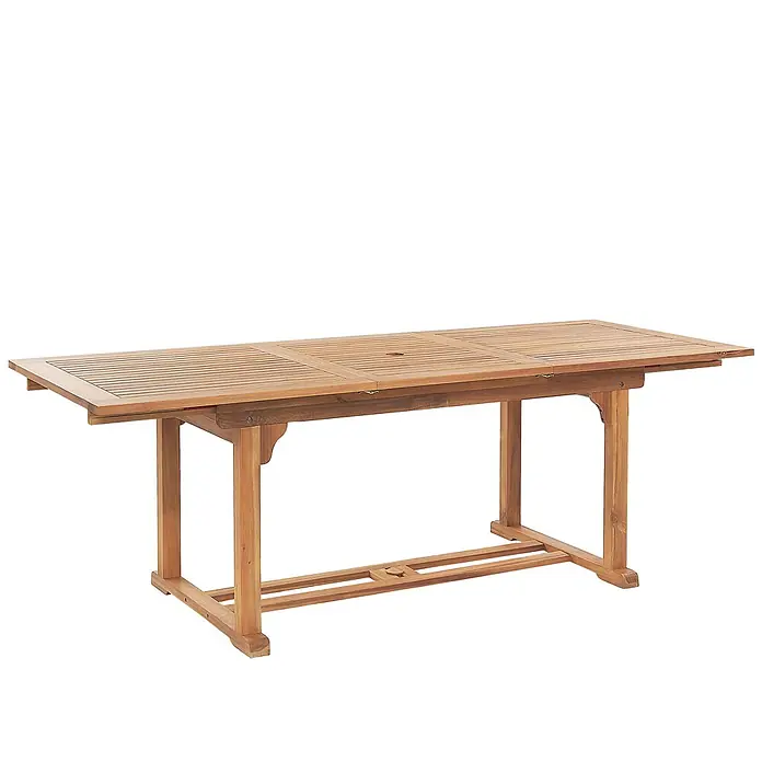 Esstisch JAVA in Braun - (W) 90 x (H) 74 x - L - Ausziehbarer Gartentisch aus Holz mit Lattenplatte und Schirmloch.