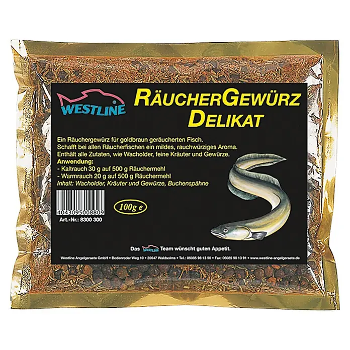 Westline Räuchergewürz Delikat - 100 g, Passend für: 5 kg Räuchermehl - Abbildung der Räuchergewürzmischung "Delikat" von Westline, ideal zum Verfeinern von geräuchertem Fisch mit Wacholder, Kräutern und Gewürzen.