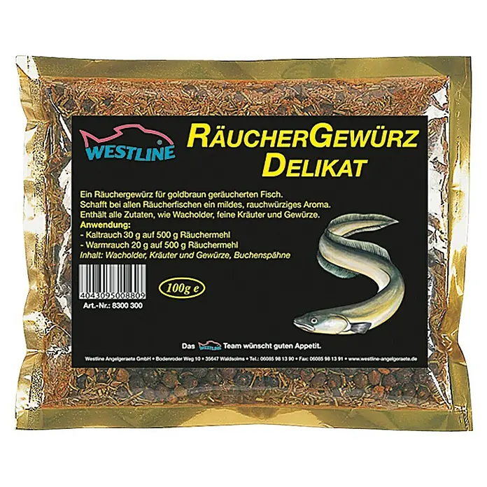 Westline Räuchergewürz Delikat - 100 g, Passend für: 5 kg Räuchermehl - Abbildung der Räuchergewürzmischung "Delikat" von Westline, ideal zum Verfeinern von geräuchertem Fisch mit Wacholder, Kräutern und Gewürzen.