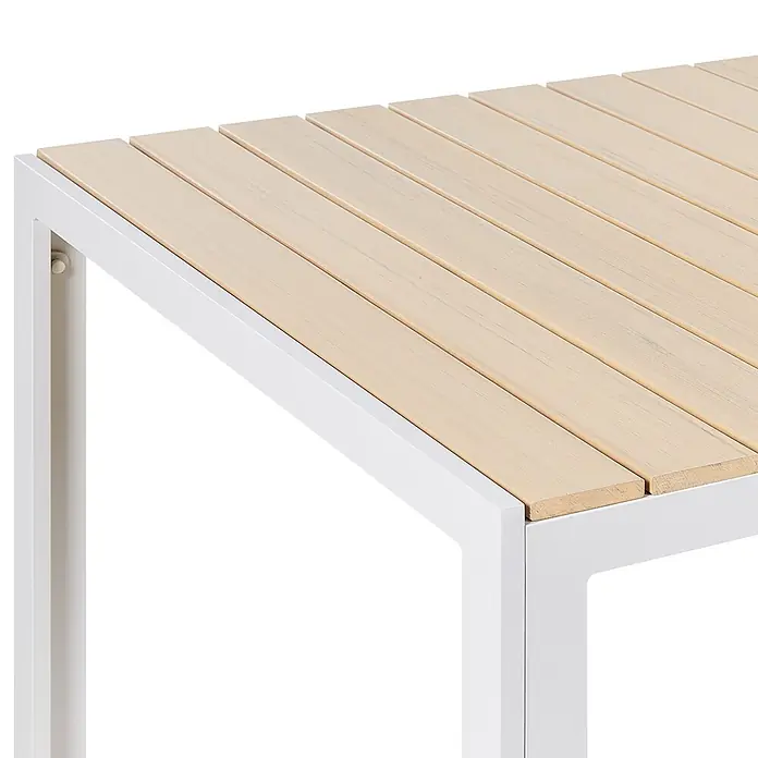 Esstisch COMO in Beige/Weiß - (W) 90 x (H) 74 x - L - Detail eines Tisches mit hellen Holzlatten und weißem Metallrahmen.