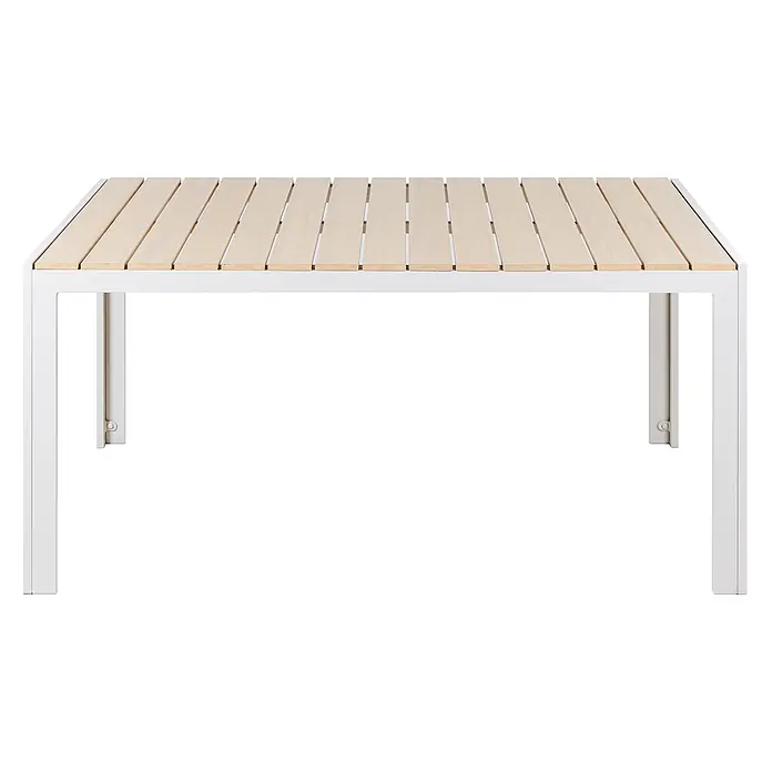 Esstisch COMO in Beige/Weiß - (W) 90 x (H) 74 x - L - Gartentisch mit weißem Metallgestell und heller Holzlattenplatte.