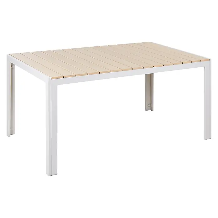 Esstisch COMO in Beige/Weiß - (W) 90 x (H) 74 x - L - Rechteckiger Gartentisch mit weißem Metallgestell und heller Holzlattenplatte.