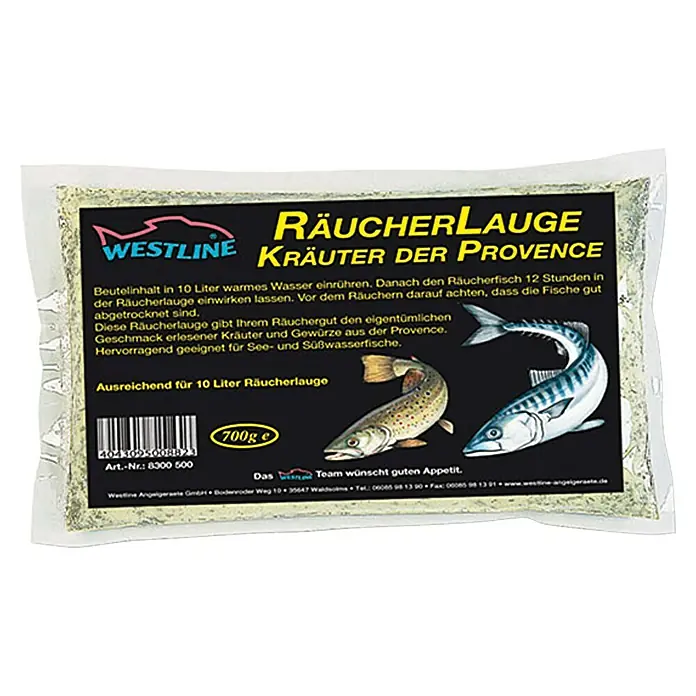 Westline Räucherlauge - Kräuter der Provence, 700 g - Räucherlauge Kräuter der Provence von Westline im wiederverschliessbaren Beutel, ausreichend für 10 Liter, mit Forelle und Makrele.