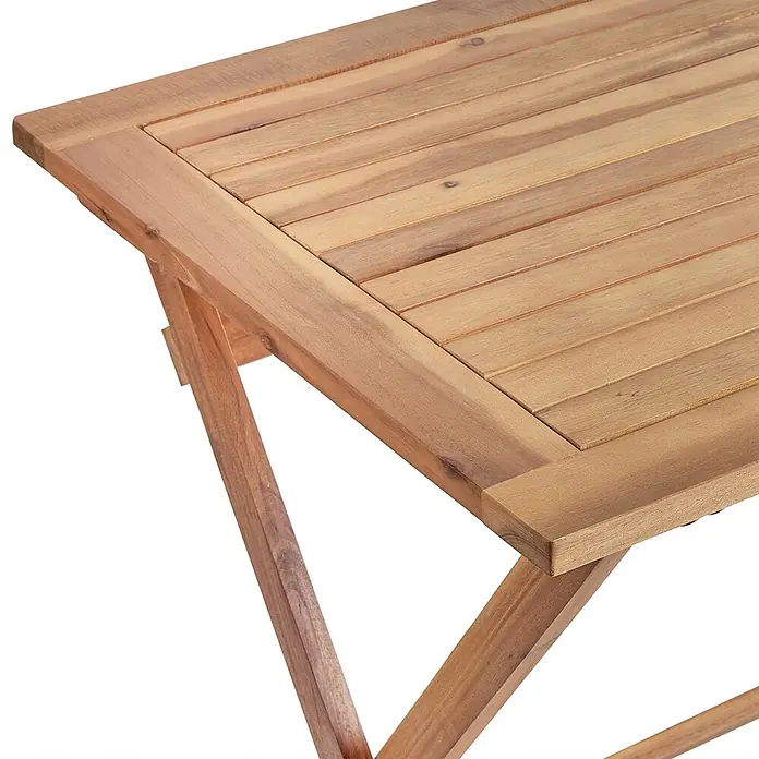 Esstisch PROSSEDI in Braun - (W) 60 x (H) 75 x - L - Hellbrauner Latten-Holz-Gartentisch mit sichtbarer Klappbein-Struktur.