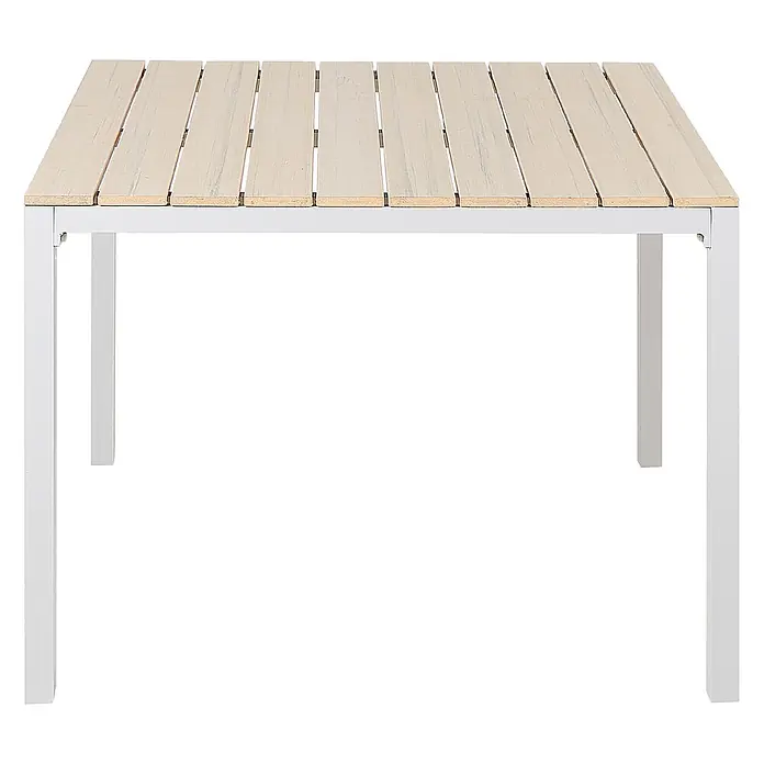 Esstisch PRATO in Beige/Weiß - (W) 95 x (H) 74 x - L - Weißer Metalltisch mit heller, gelatteter Holzplatte.