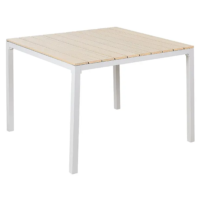 Esstisch PRATO in Beige/Weiß - (W) 95 x (H) 74 x - L - Quadratischer Tisch mit heller Holzlamellenplatte und weißem Metallrahmen. Ideal für den Außenbereich.