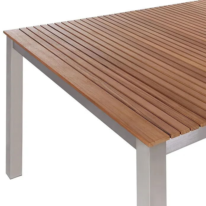 Esstisch VIAREGGIO in Braun/Silber - (W) 90 x (H) 75 x - L - Tisch mit einer Lattenrostplatte aus braunem Holz und silbernen Metallbeinen.