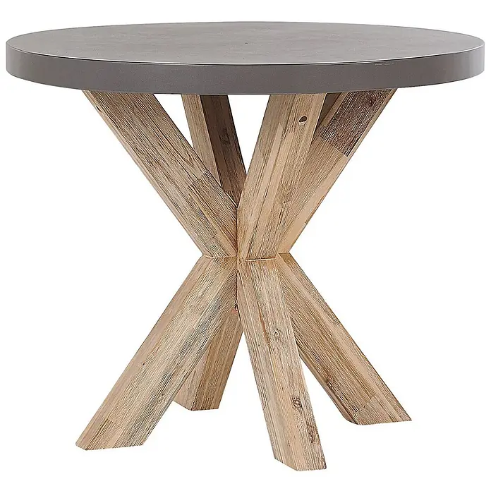 Esstisch OLBIA in Grau/Braun - (W) 90 x (H) 76 x - L - Runder Tisch mit dunkelgrauer Platte und einem gekreuzten Fuß aus hellem Holz.