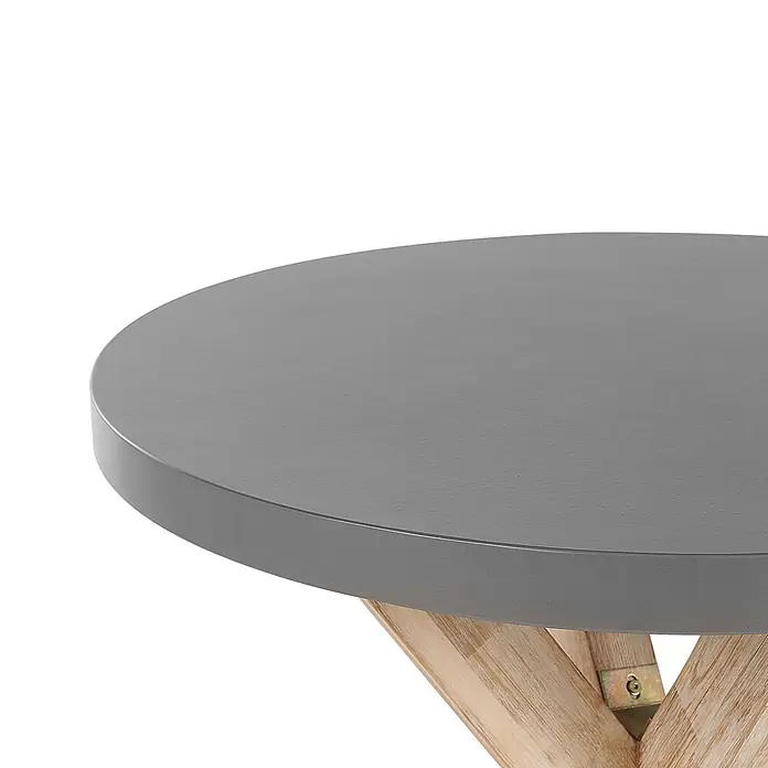 Esstisch OLBIA in Grau/Braun - (W) 90 x (H) 76 x - L - Runder Tisch mit grauer Platte und hellem Holzgestell in Kreuzform.