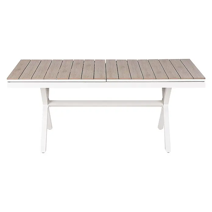 Esstisch FANES in Braun/Weiß - (W) 90 x (H) 76 x - L - Rechteckiger Outdoor-Esstisch mit lattenförmiger heller Holzoptikplatte und weißen Metall-X-Beinen. Die Tischplatte ist ausziehbar.
