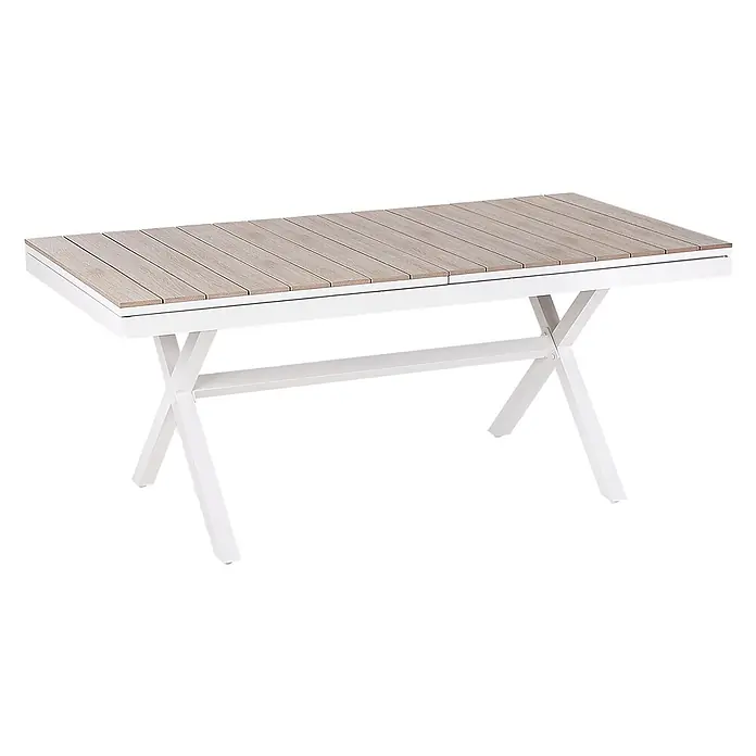 Esstisch FANES in Braun/Weiß - (W) 90 x (H) 76 x - L - Ausziehbarer Gartentisch mit lattenförmiger heller Holzoptik-Platte und weißen X-förmigen Aluminiumbeinen.
