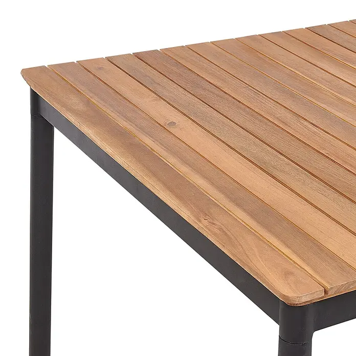 Esstisch VALLESE in Braun/Schwarz - (W) 90 x (H) 76 x - L - Tischplatte aus Holzlatten auf dunklem Metallgestell und -beinen.