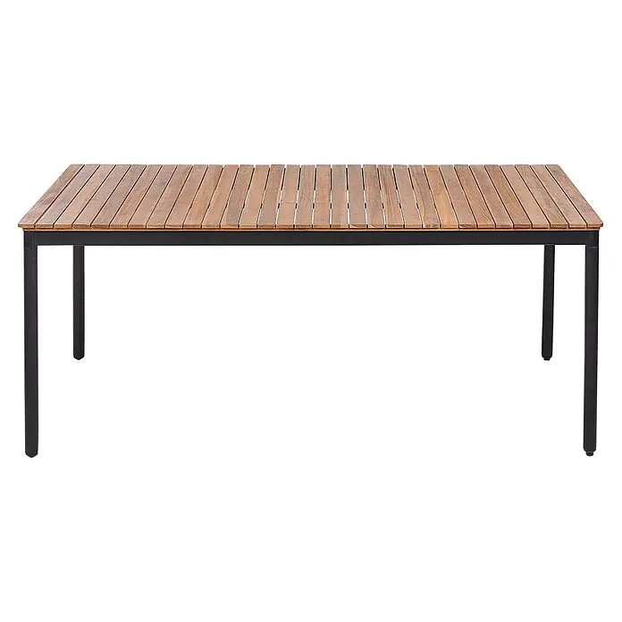 Esstisch VALLESE in Braun/Schwarz - (W) 90 x (H) 76 x - L - Rechteckiger Gartentisch mit lattenförmiger Holzplatte und schwarzem Metallgestell.
