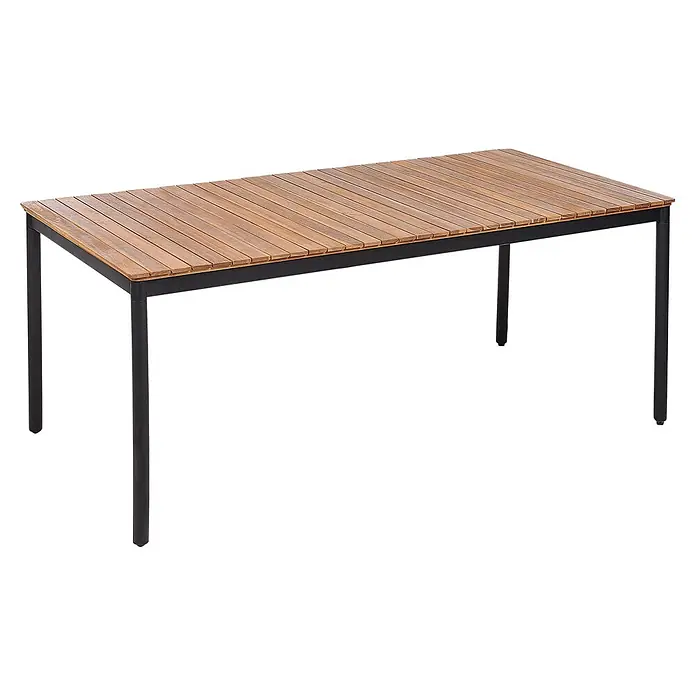 Esstisch VALLESE in Braun/Schwarz - (W) 90 x (H) 76 x - L - Rechteckiger Outdoor-Esstisch mit Lattenplatte aus Naturholz und stabilem schwarzem Metallgestell.
