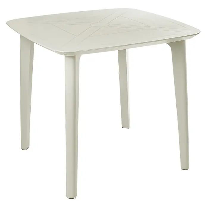 Esstisch SORICO in Beige - (W) 86 x (H) 77 x - L - Hellgrauer quadratischer Plastiktisch mit abgerundeten Ecken und geometrischem Muster auf der Oberfläche.